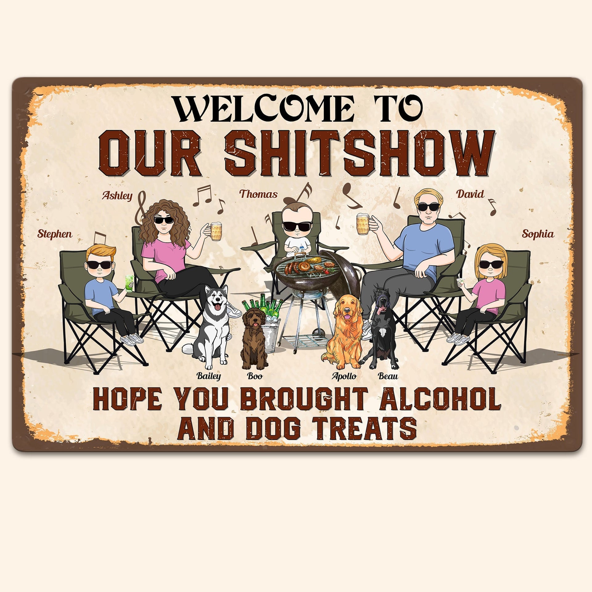 Our Shitshow Alcohol And Dog Treats - Personalized Metal Sign - Birthday Gift For Family, Dog Lover, Husband, Wife