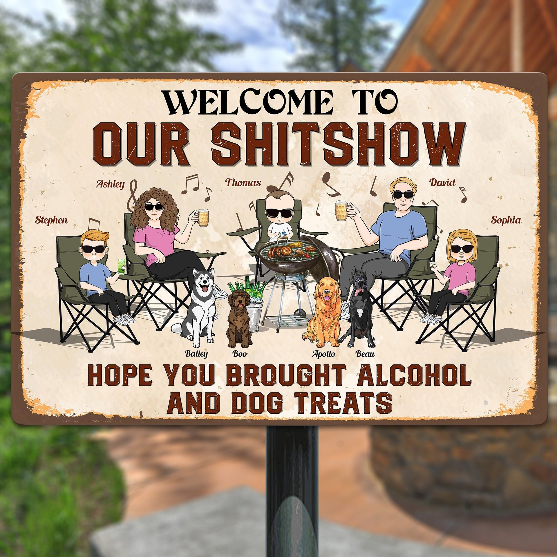 Our Shitshow Alcohol And Dog Treats - Personalized Metal Sign - Birthday Gift For Family, Dog Lover, Husband, Wife