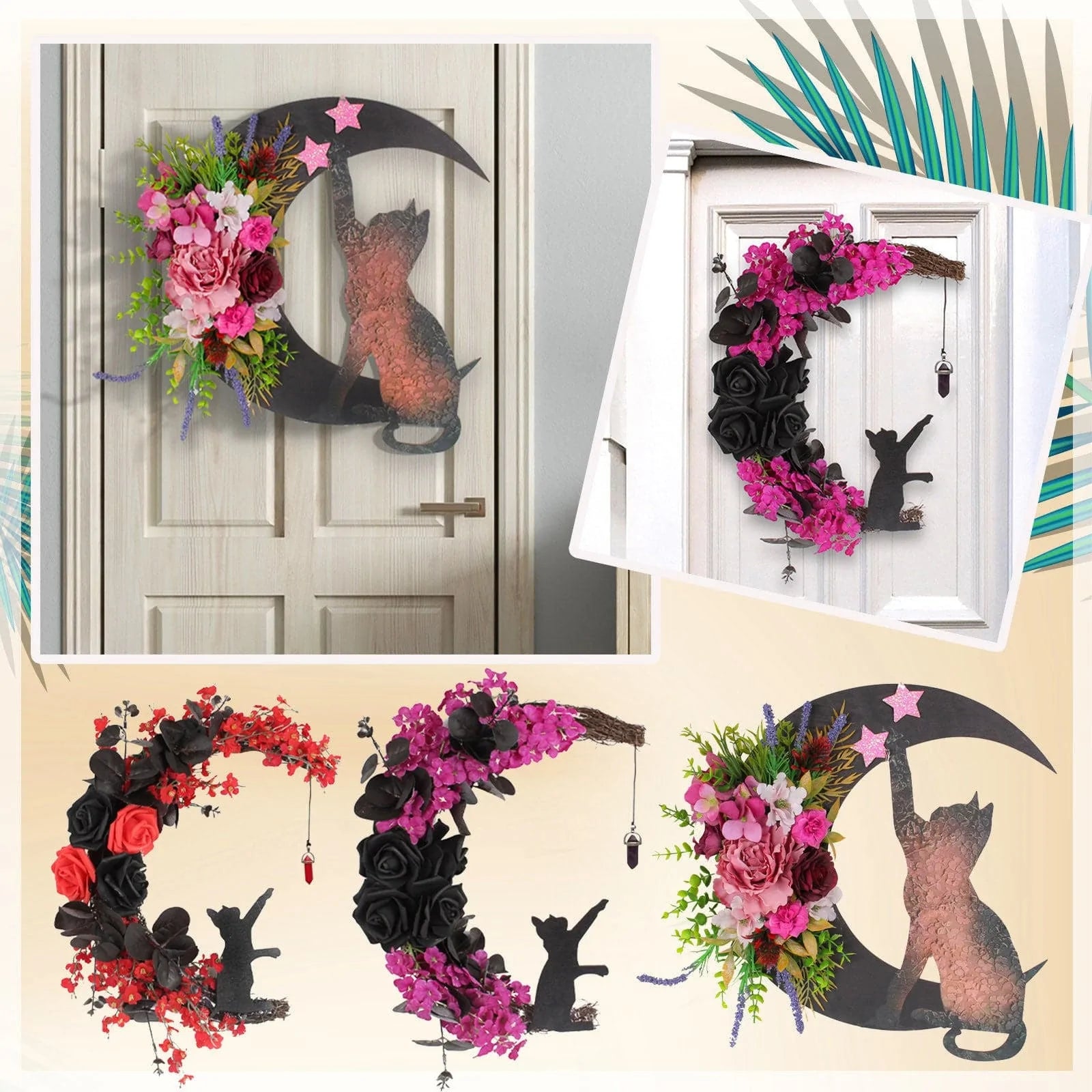 Star Cat Wreath Plant Crescent Moon Halloween Moon Home Decoration Cat Lover's Gift ktclubs.com