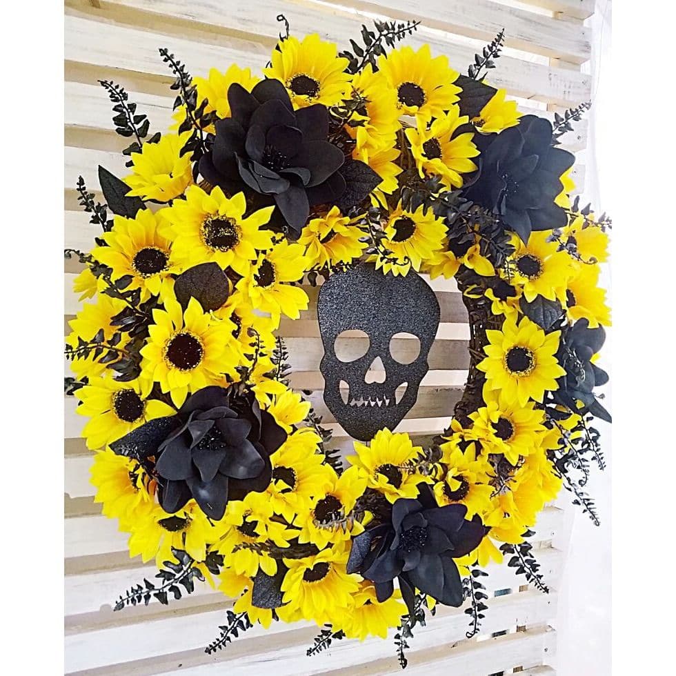 Sunflower Wreath Door Decoration Simulated Sunflower Halloween Skull Rattan Circle Door Hanging ktclubs.com