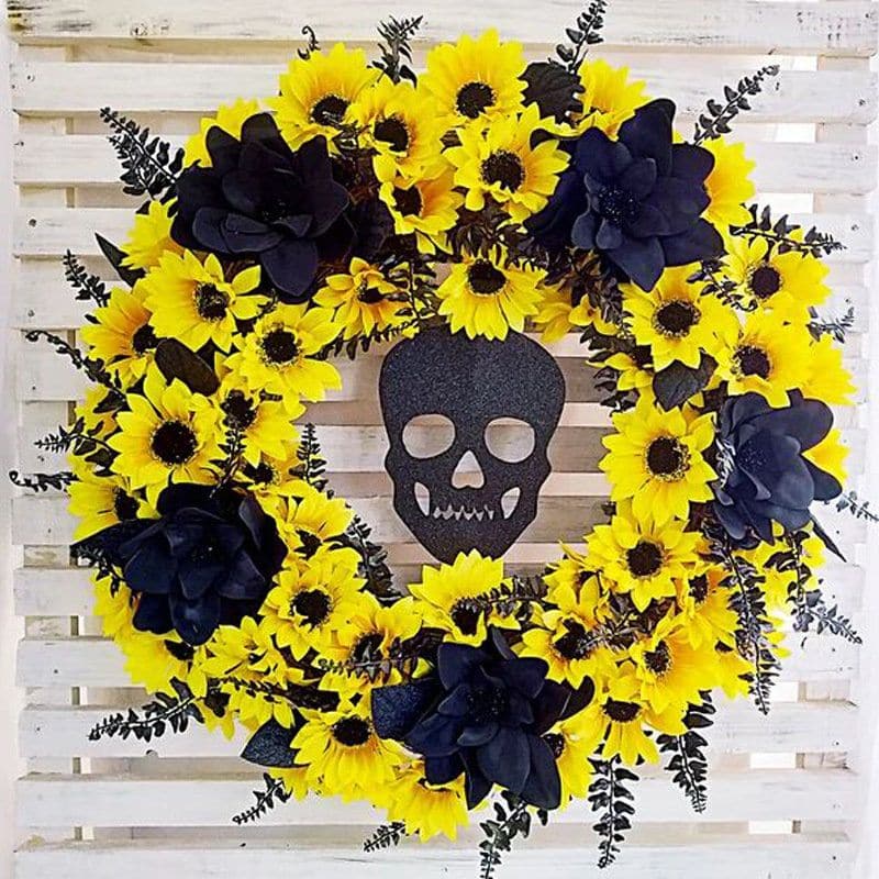 Sunflower Wreath Door Decoration Simulated Sunflower Halloween Skull Rattan Circle Door Hanging ktclubs.com