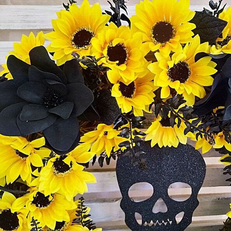 Sunflower Wreath Door Decoration Simulated Sunflower Halloween Skull Rattan Circle Door Hanging ktclubs.com