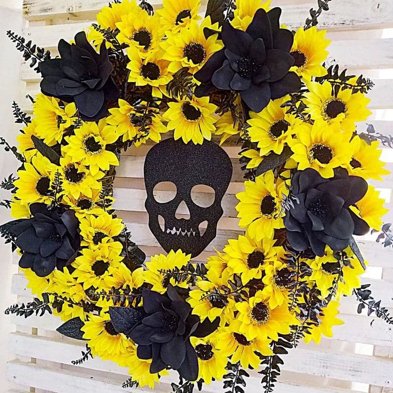 Sunflower Wreath Door Decoration Simulated Sunflower Halloween Skull Rattan Circle Door Hanging ktclubs.com