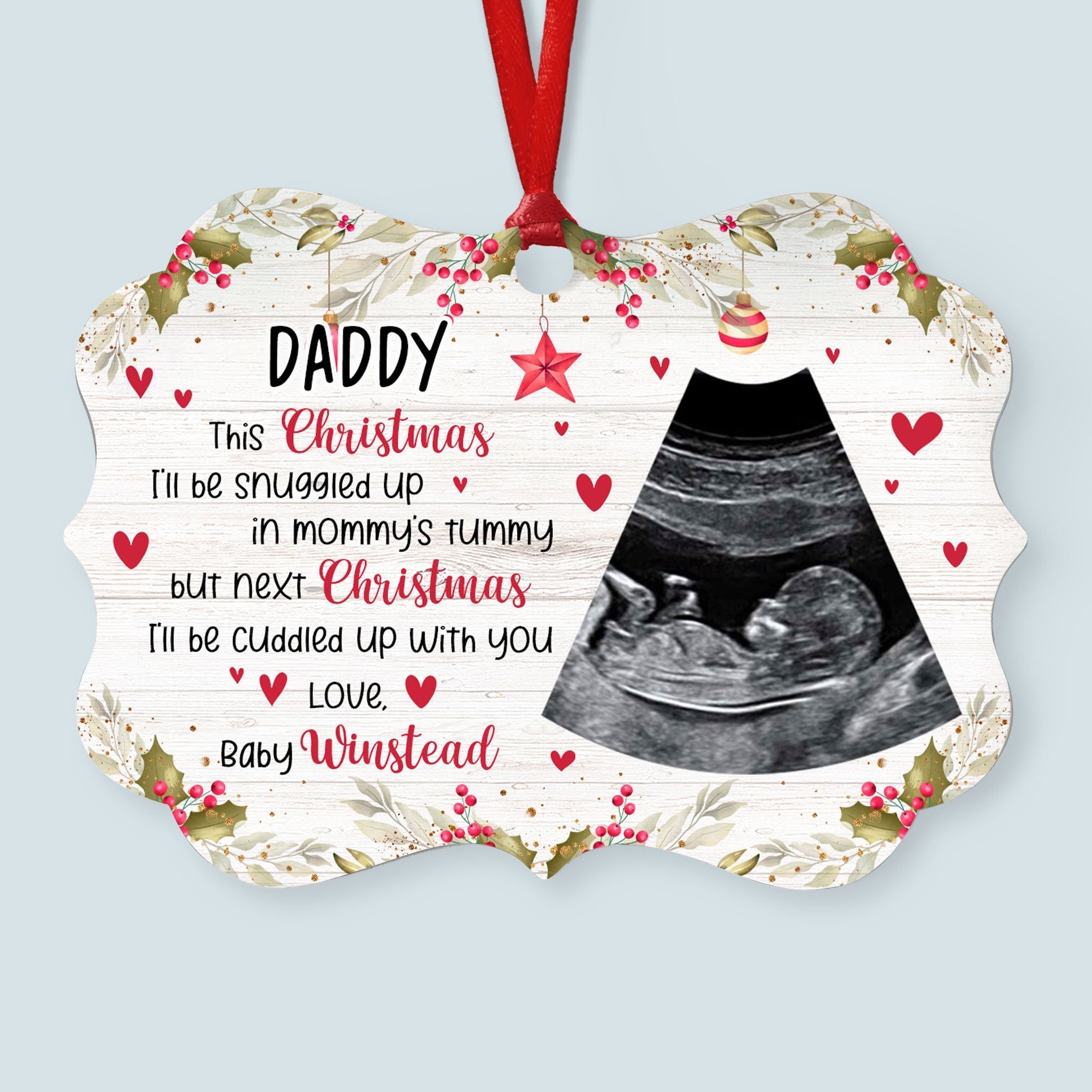 This Christmas, I'll Be Suggled Up In Mommy's Tummy - Personalized Aluminum Ornament - Christmas Gift For Daddy-To-Be, Father, Grandma, Grandpa, Family Members - From Baby, Bump