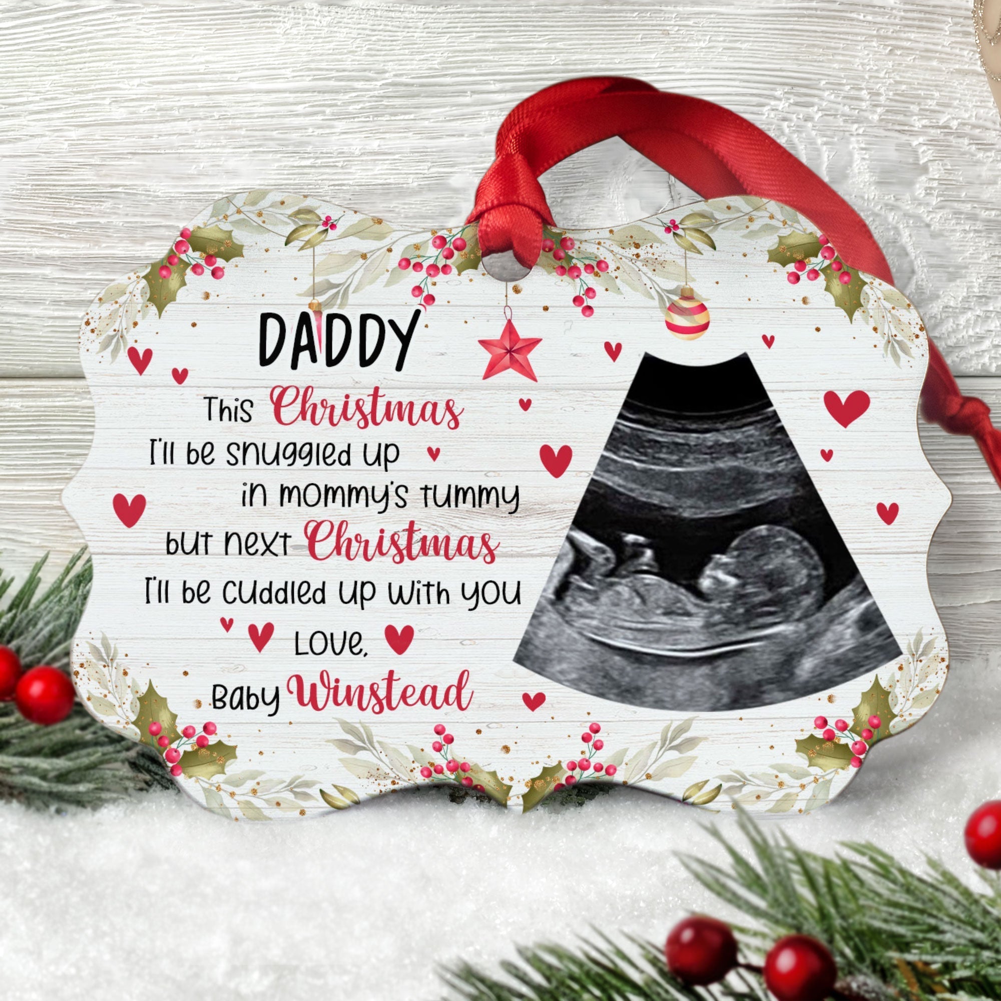 This Christmas, I'll Be Suggled Up In Mommy's Tummy - Personalized Aluminum Ornament - Christmas Gift For Daddy-To-Be, Father, Grandma, Grandpa, Family Members - From Baby, Bump