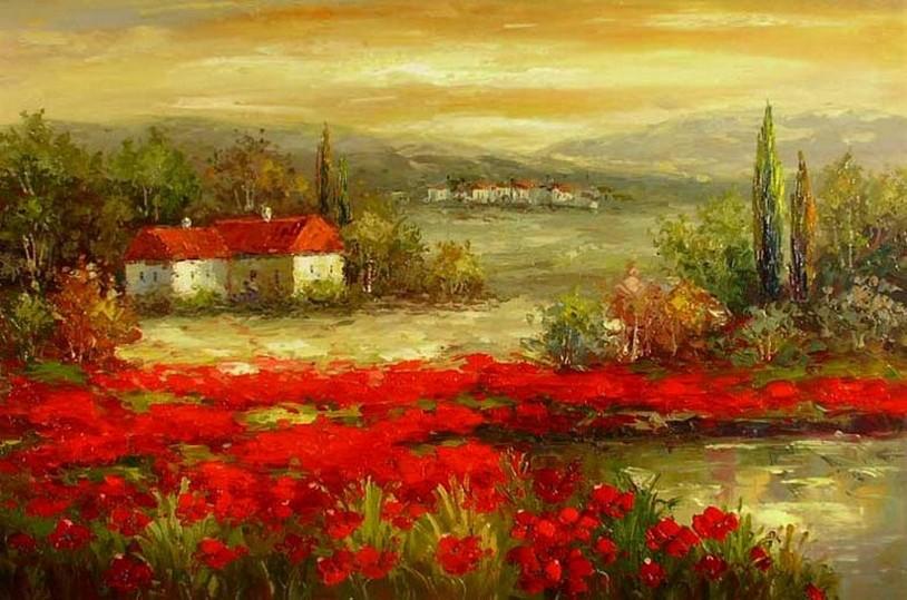 Flower Field Painting, Canvas Painting, Landscape Painting, Contemporary Wall Art, Large Painting, Living Room Wall Art, Cypress Tree, Oil Painting, Poppy Field