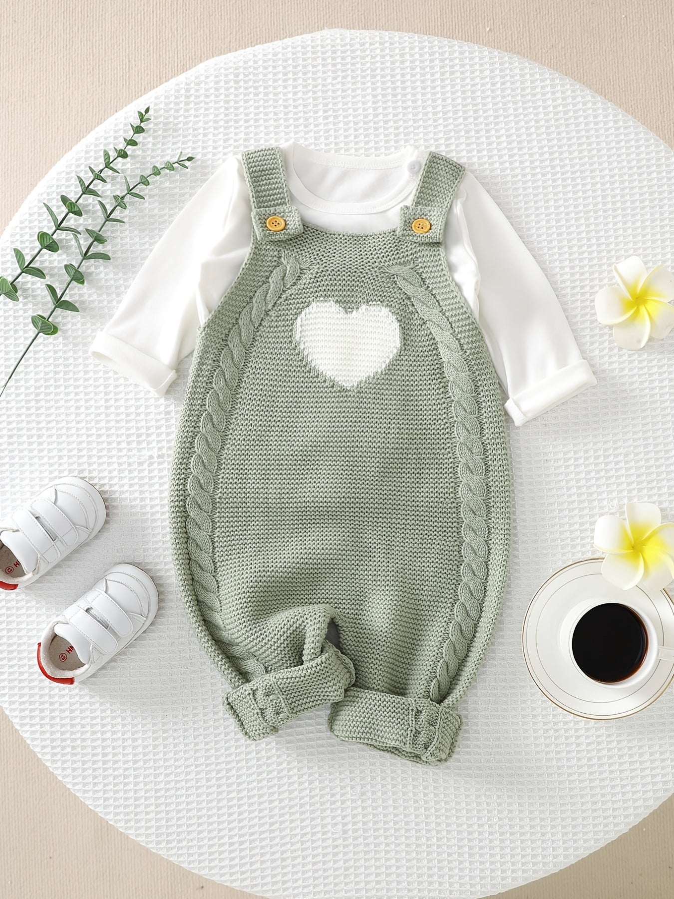 Unisex Baby Knit One Piece, Heart Pattern Overalls, Knit Bib Pants, Sleeveless Jumpsuit For Winter Baby Clothes