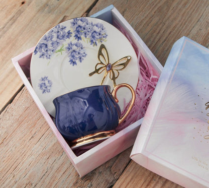Elegant Purple Ceramic Cups, Unique Coffee Cup and Saucer in Gift Box as Birthday Gift, Beautiful British Tea Cups, Creative Bone China Porcelain Tea Cup Set