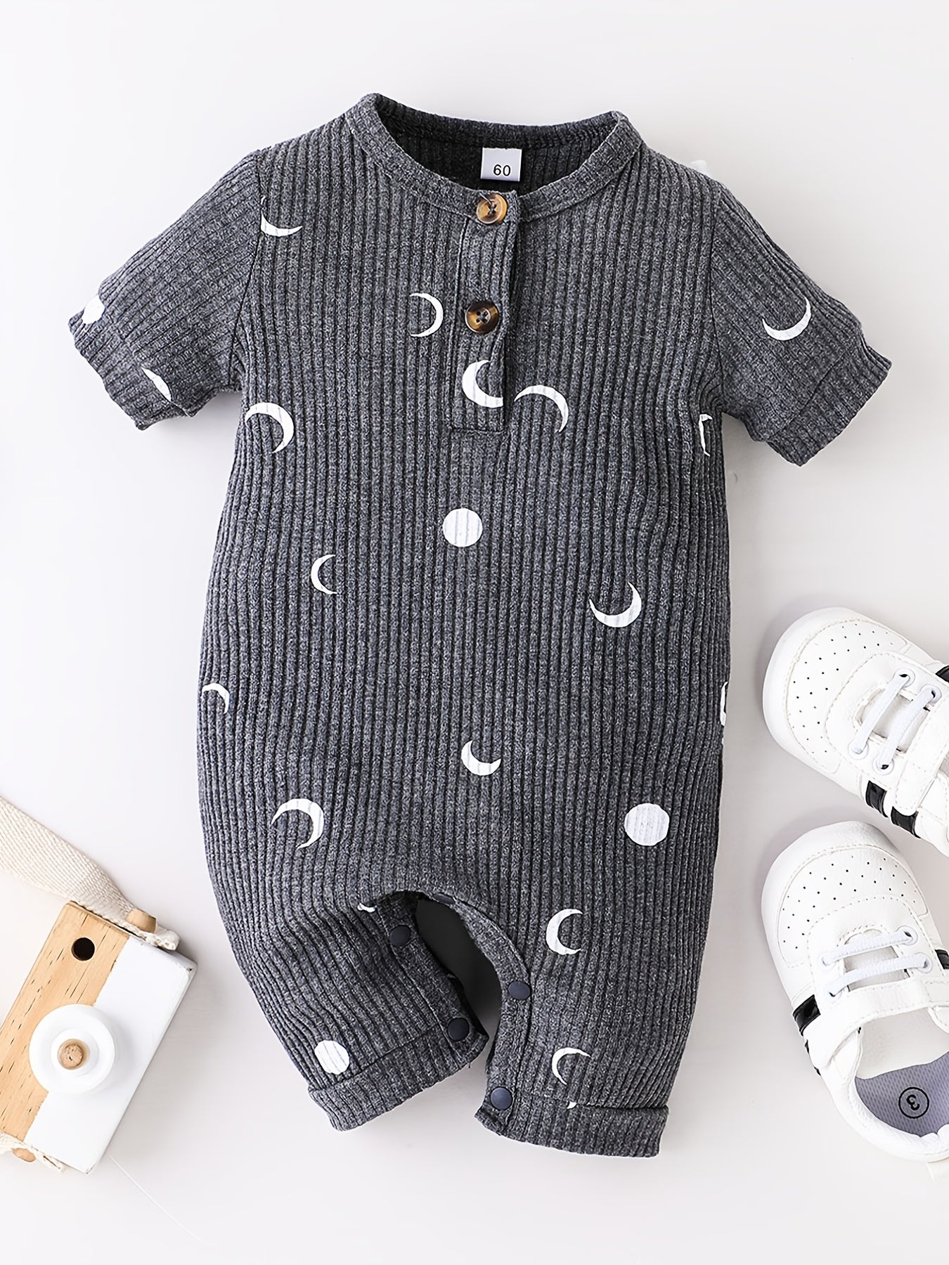 Unisex Baby Short Sleeve Ribbed Romper, Moon Print Bodysuit Onesie, Baby Clothes Baby Layette Sets