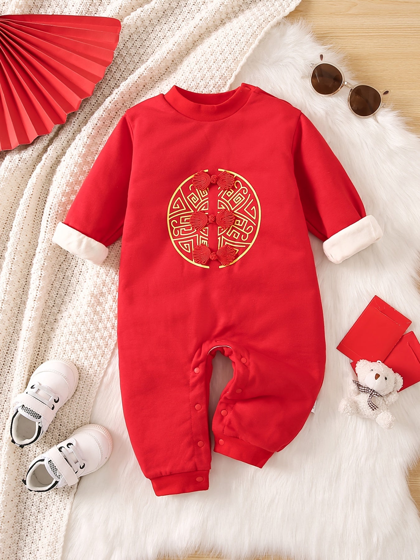 Baby Girls Cotton Thick Long Sleeve Jumpsuit With Chinese Knot Decor For Winter Chinese New Year Clothes