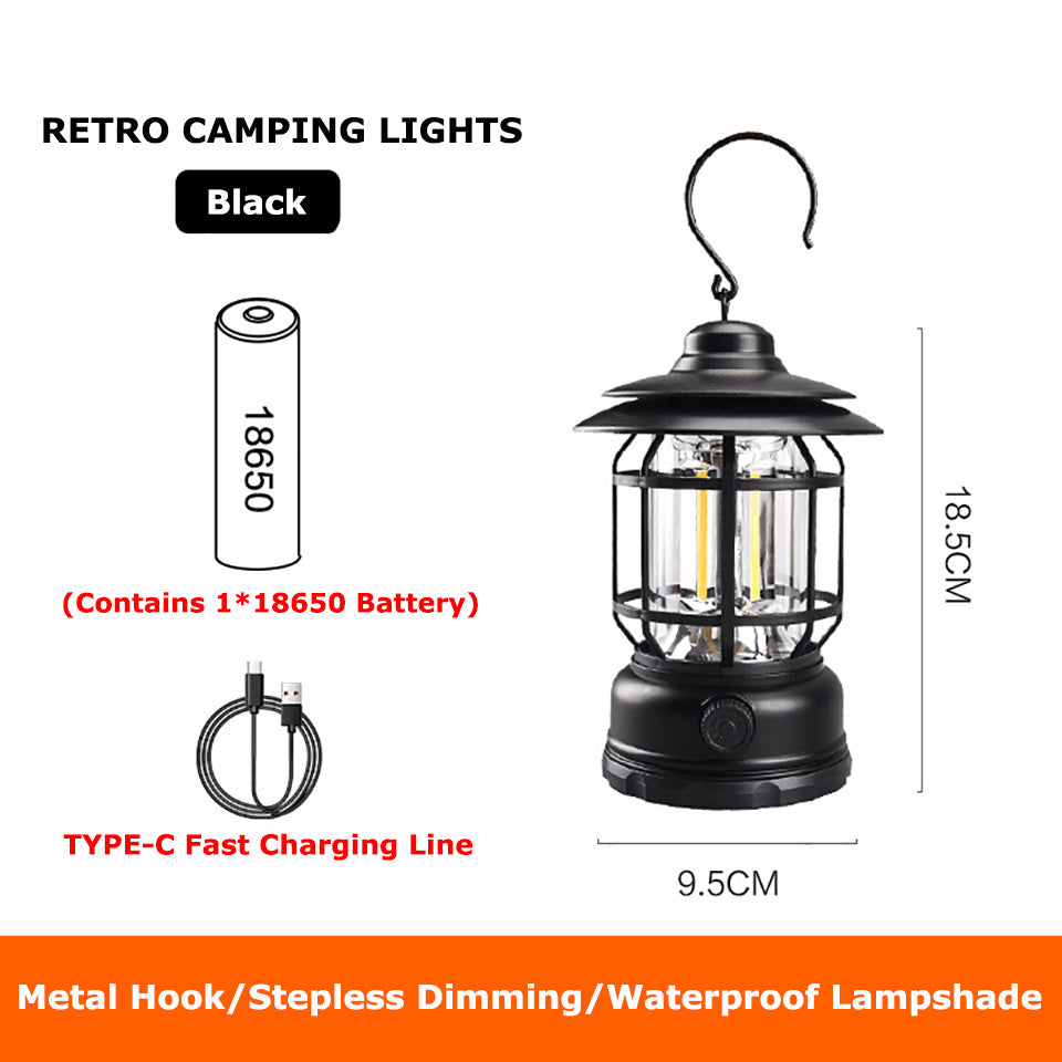 Portable Retro Camping Lantern Battery/USB Rechargeable Handle Flashlight