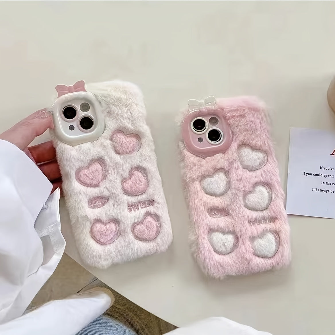 Plush Embroidered Heart Pattern Phone Case