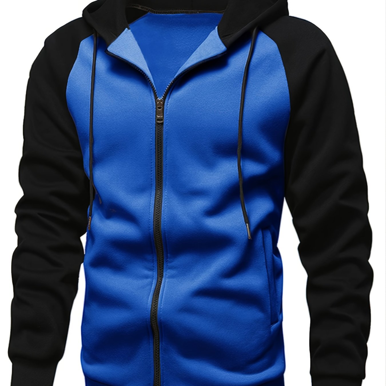 Fall/Winter Men's Colorblock Raglan Sleeve Zip Up Drawstring Hoodie