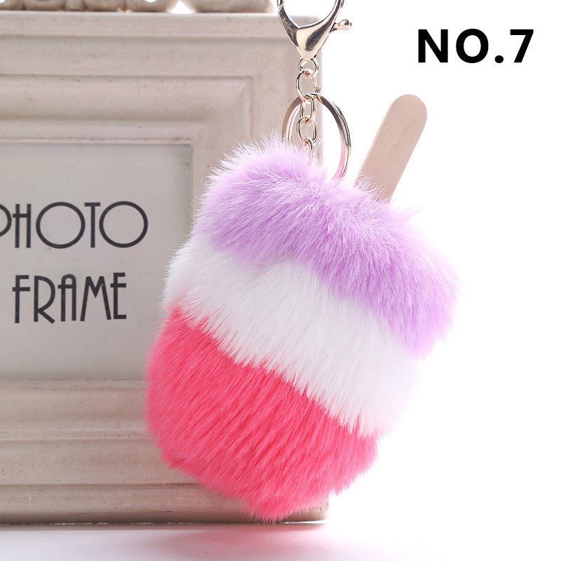 Fur Pom Pom  Keychain Ice Cream Bag Purse Charm Yummy Metal Ring Fluffy Fur Ball Food Fashion Gift Charm