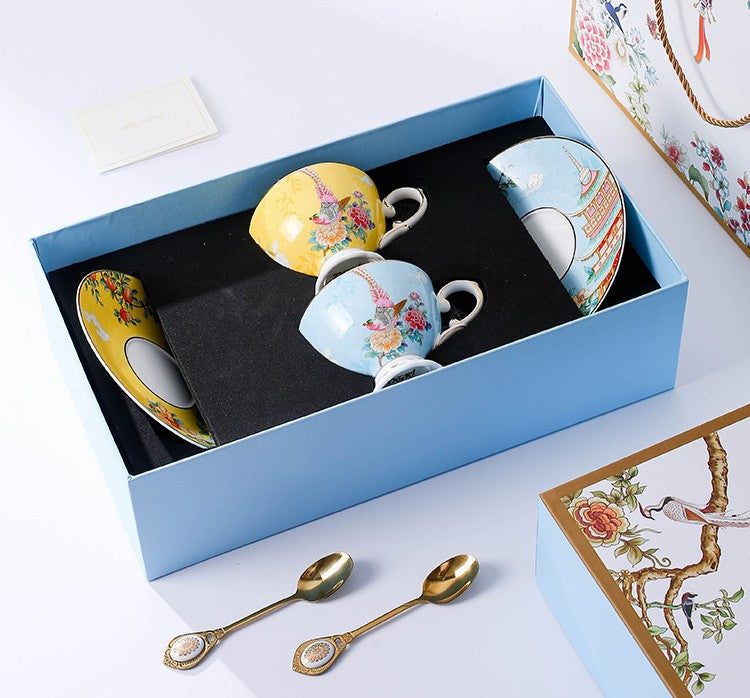 Elegant Oriental Pheasant Ceramic Cups, Beautiful Bird Pattern Tea Cups, Creative Bone China Porcelain Tea Cup Set, Unique Tea Cups and Saucers in Gift Box