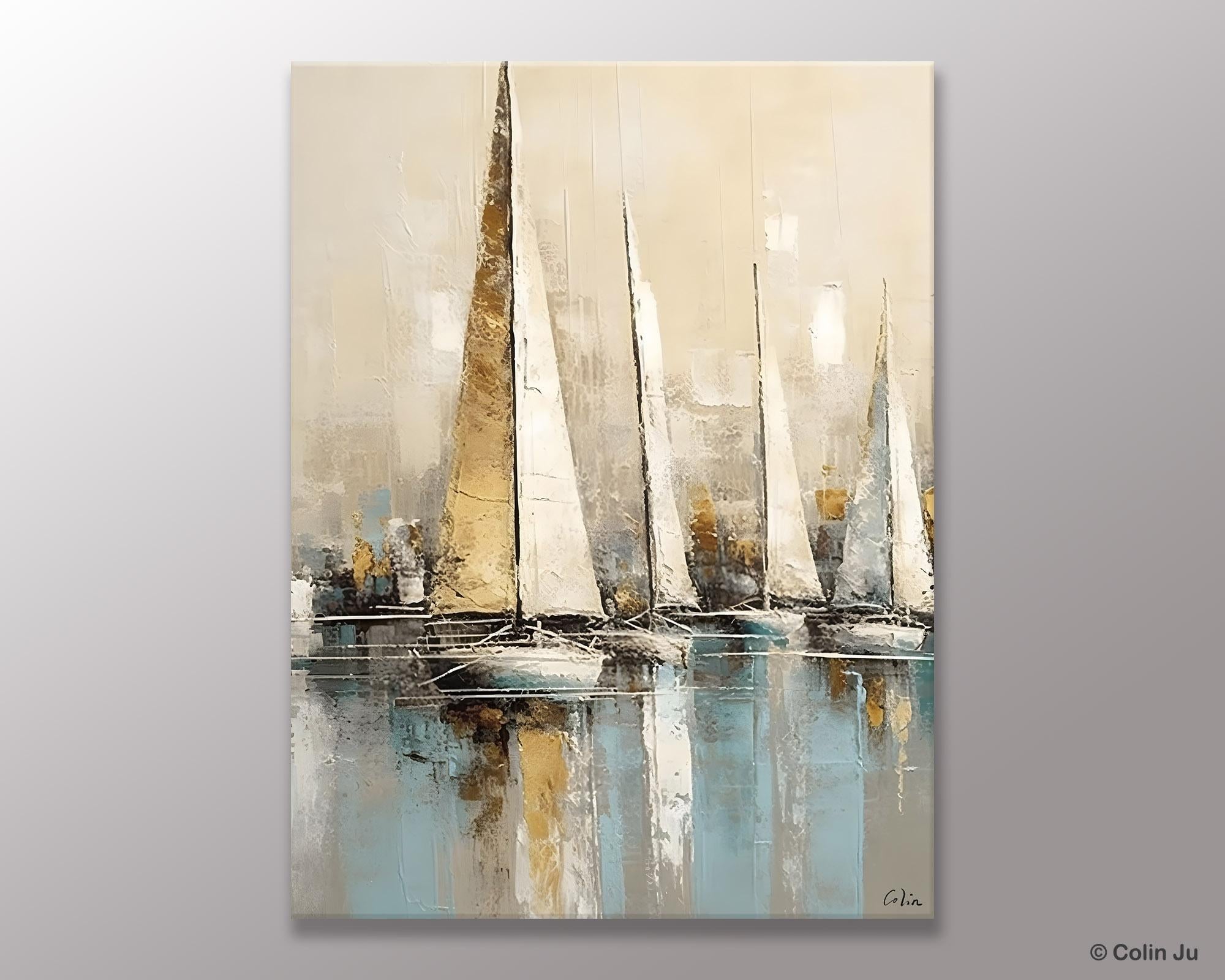 Modern Abstract Wall Art Paintings, Large Original Canvas Art for Bedroom, Large Painting Ideas for Living Room, Sail Boat Canvas Painting