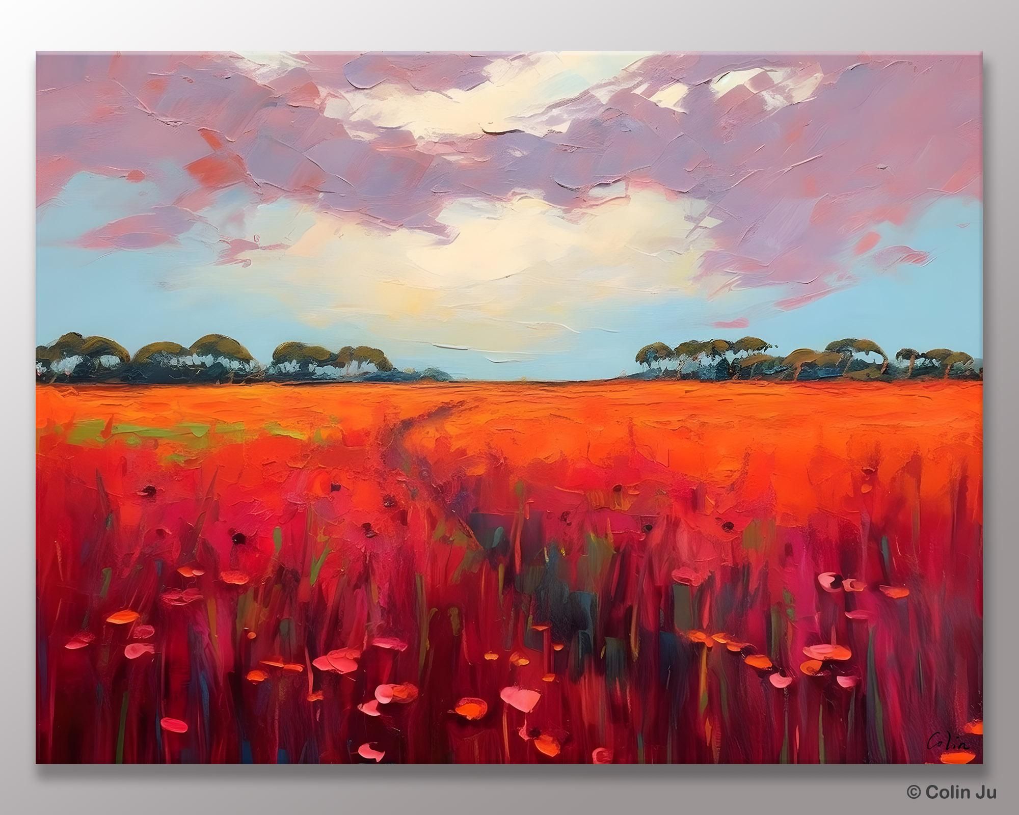 Acrylic Abstract Art, Landscape Canvas Paintings, Red Poppy Flower Field Painting, Landscape Acrylic Painting, Living Room Wall Art Paintings