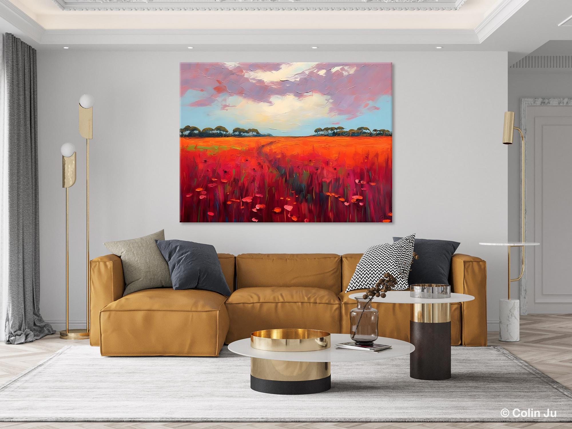 Acrylic Abstract Art, Landscape Canvas Paintings, Red Poppy Flower Field Painting, Landscape Acrylic Painting, Living Room Wall Art Paintings