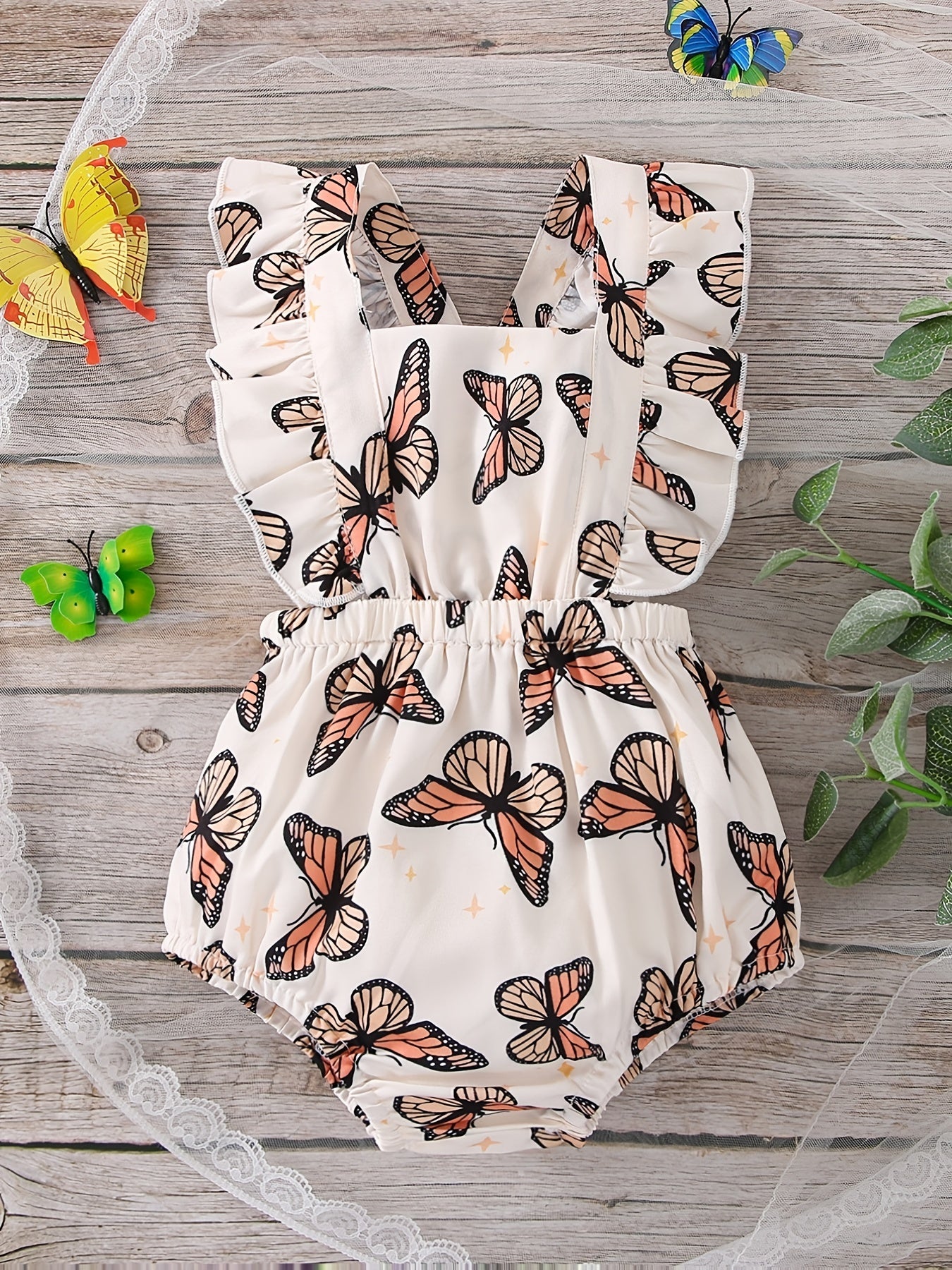 Baby Girls Butterfly Print Ruffle Trim Onesies Romper