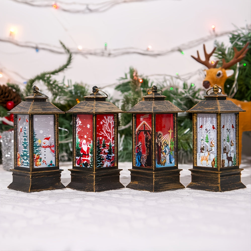 Electric Christmas lantern - hanging antique oil lantern, Father Christmas, snowman reindeer, batteries not included