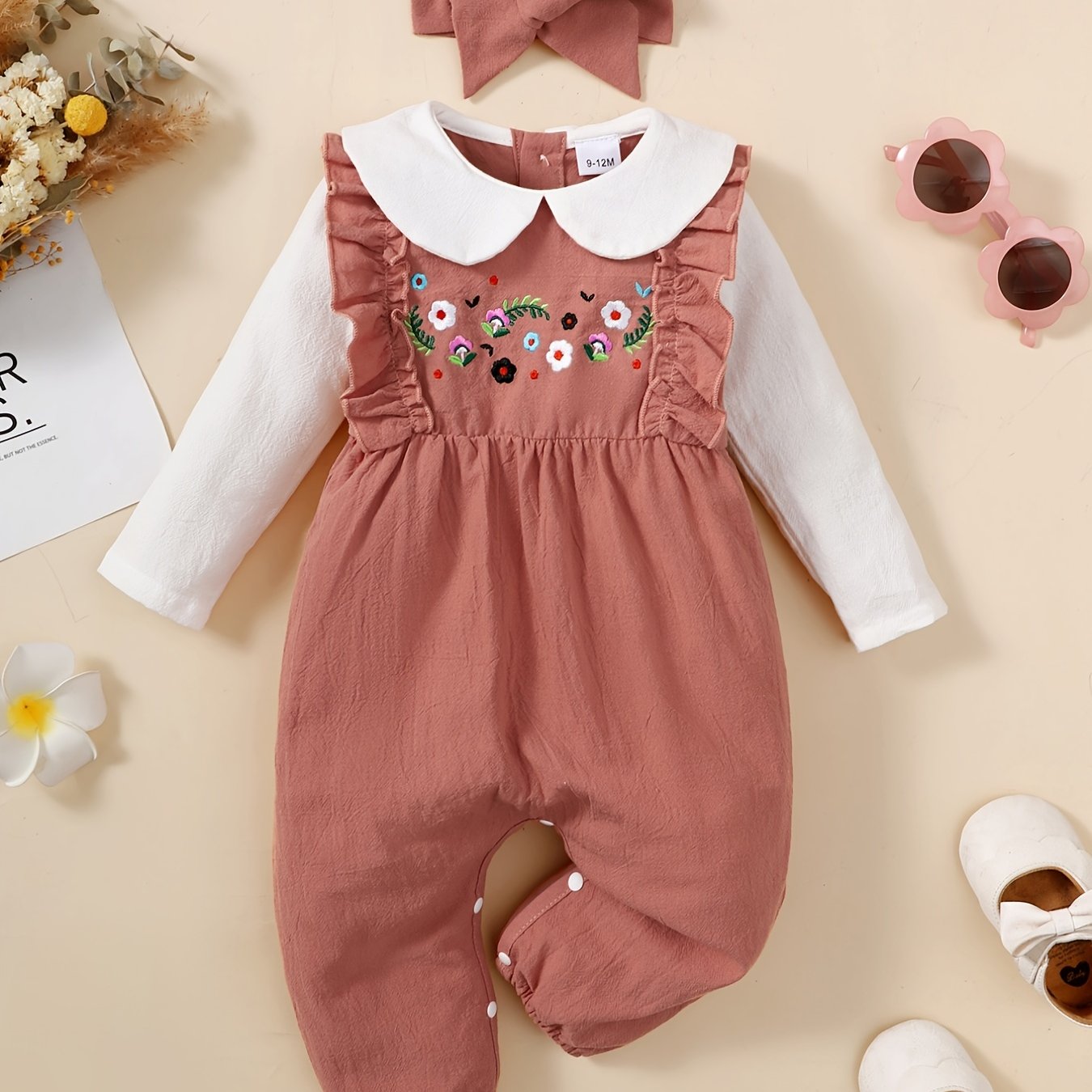 Newborn Infant Romper Flower Embroidery Long Sleeve Doll Collar Ruffle Jumpsuit & Headband For Baby Girls Kids Clothes