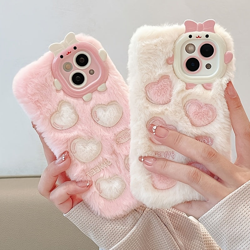 Plush Embroidered Heart Pattern Phone Case