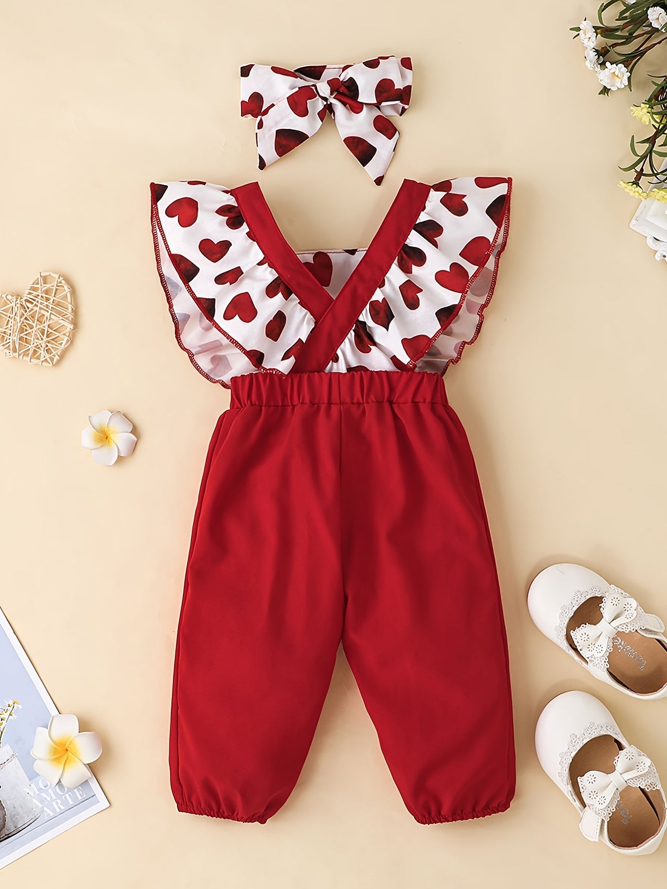 Baby Girls Overalls & Headband Set With Heart Print For Christmas