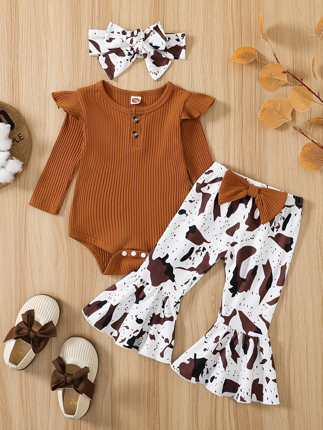 Baby Girls Ribbed Ruffle Long Sleeve Romper + Matching Bowknot Cow Print Flared Pants + Headband Baby Clothes Bodysuit Onesie Set