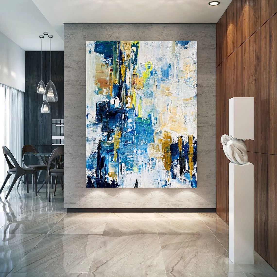 Living Room Abstract Paintings, Blue Modern Abstract Painting, Large Acrylic Canvas Paintings, Large Wall Art Ideas, Impasto Painting