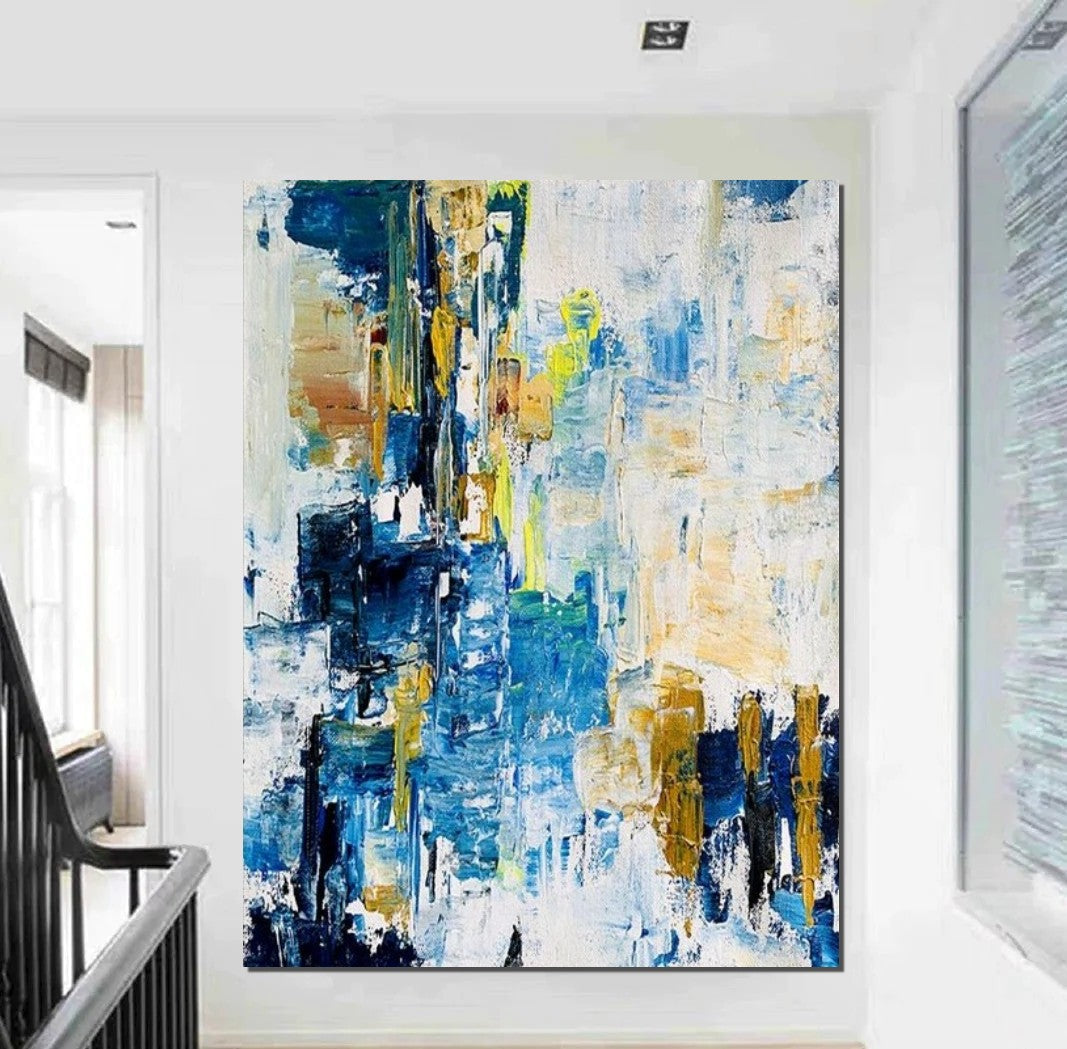 Living Room Abstract Paintings, Blue Modern Abstract Painting, Large Acrylic Canvas Paintings, Large Wall Art Ideas, Impasto Painting