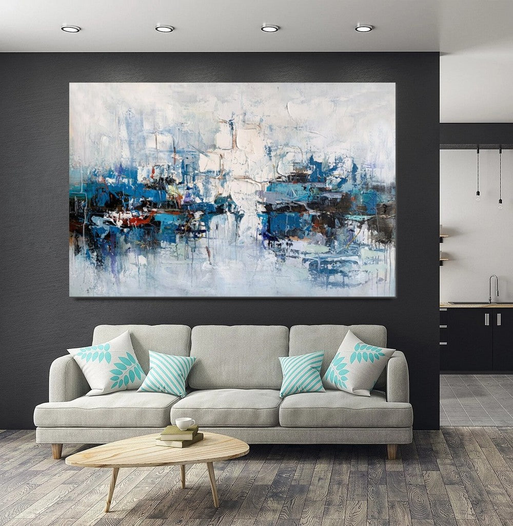 Large Wall Art Paintings Behind Sofa, Acrylic Paintings on Canvas, Acrylic Painting for Bedroom, Blue Modern Paintings, Heavy Texture Canvas Art