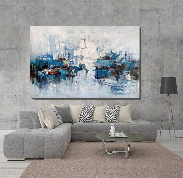 Large Wall Art Paintings Behind Sofa, Acrylic Paintings on Canvas, Acrylic Painting for Bedroom, Blue Modern Paintings, Heavy Texture Canvas Art