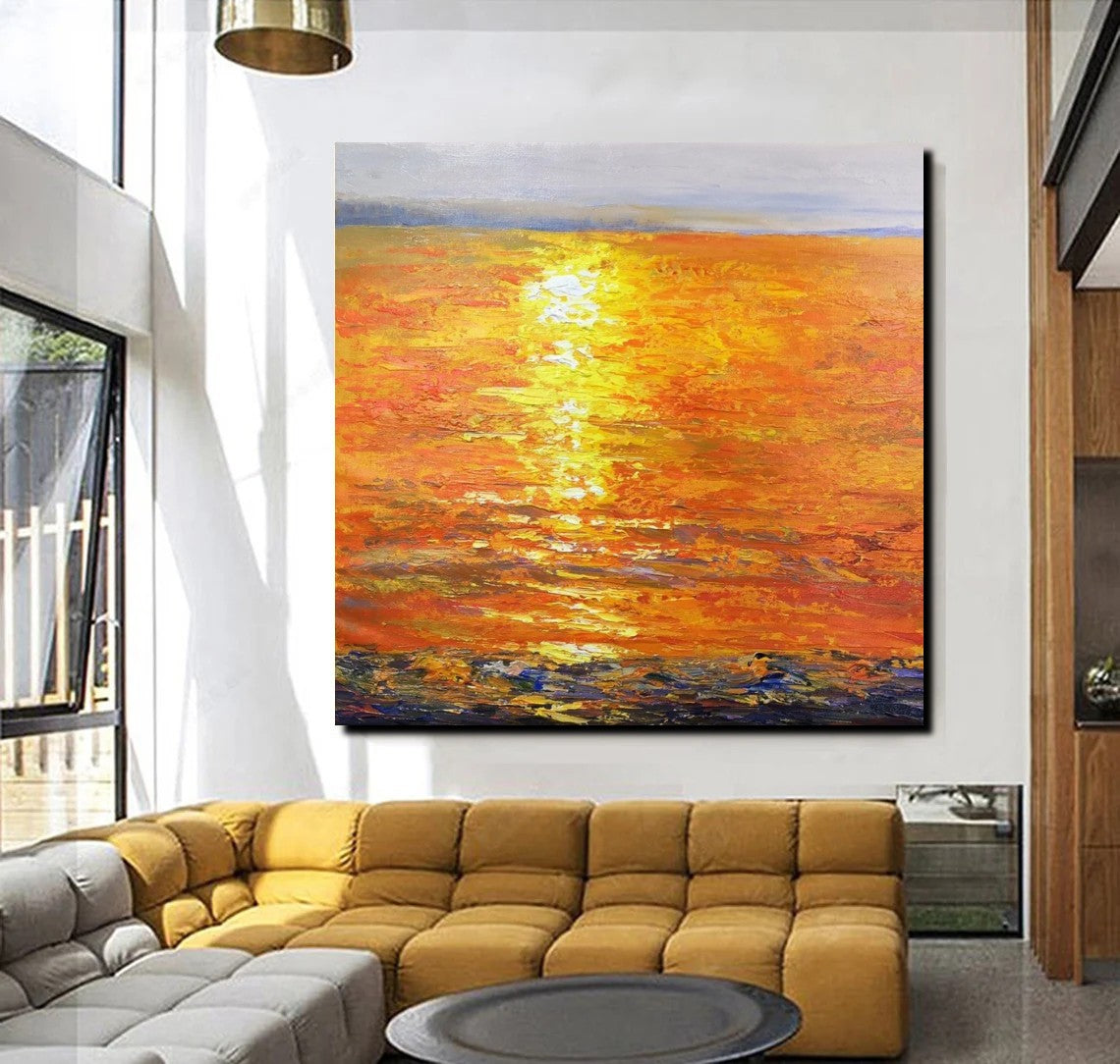 Landscape Acrylic Paintings, Sunrise Seascape Painting, Modern Wall Art Paintings, Heavy Texture Painting, Large Painting Behind Sofa