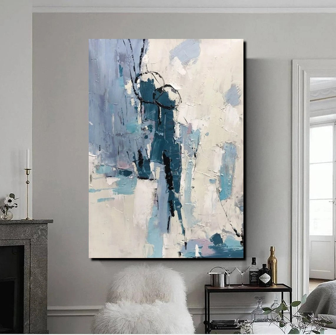 Living Room Abstract Paintings, Hand Painted Canvas Paintings, Large Wall Art Ideas, Heavy Texture Painting, Blue Modern Abstract Painting