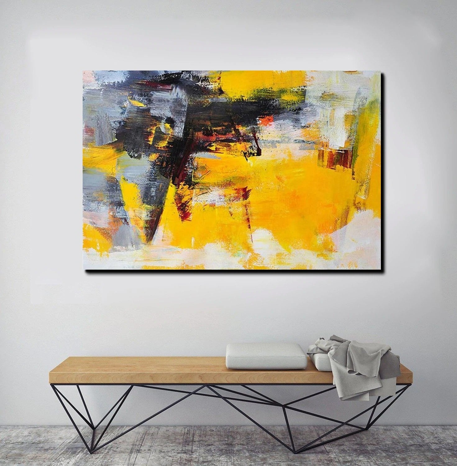 Living Room Modern Paintings, Yellow Acylic Abstract Paintings, Large Painting Behind Sofa, Buy Abstract Painting Online, Simple Modern Art