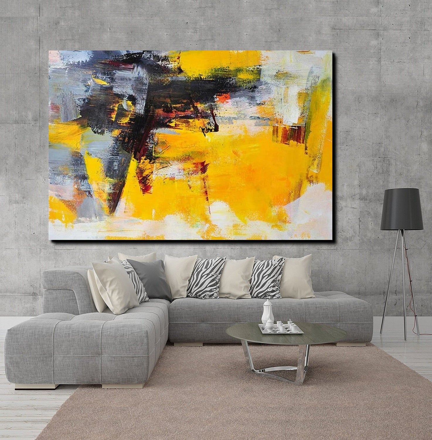 Living Room Modern Paintings, Yellow Acylic Abstract Paintings, Large Painting Behind Sofa, Buy Abstract Painting Online, Simple Modern Art