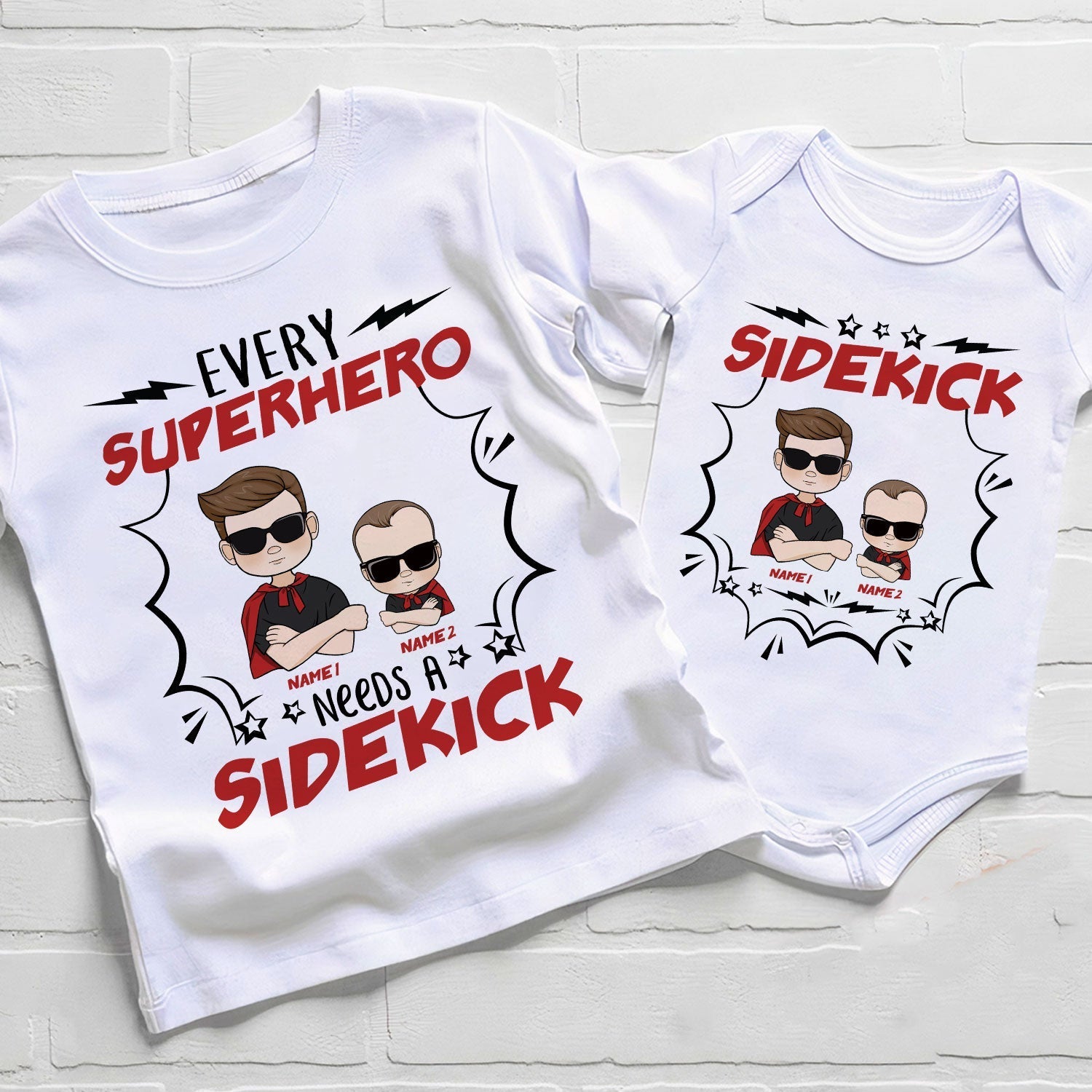 Every Super Hero Needs A Sidekick, Custom Family Youth Tee and Baby Onesie, Gift For Brothers, Baby Brothers-Macorner