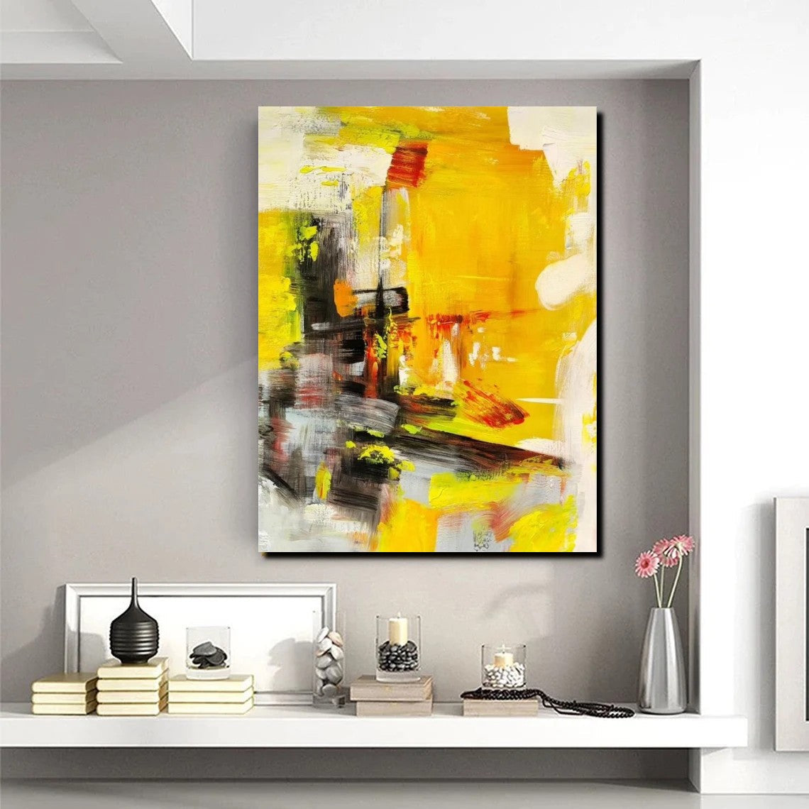 Large Canvas Paintings Behind Sofa, Acrylic Painting for Living Room, Yellow Contemporary Modern Art, Buy Large Paintings Online