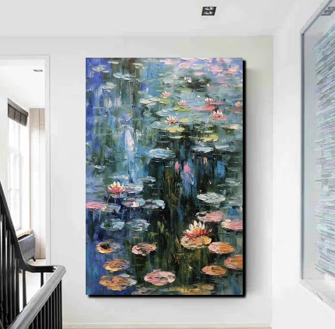 Large Paintings on Canvas, Canvas Paintings for Bedroom, Landscape Painting for Living Room, Water Lily Paintings, Heavy Texture Paintings