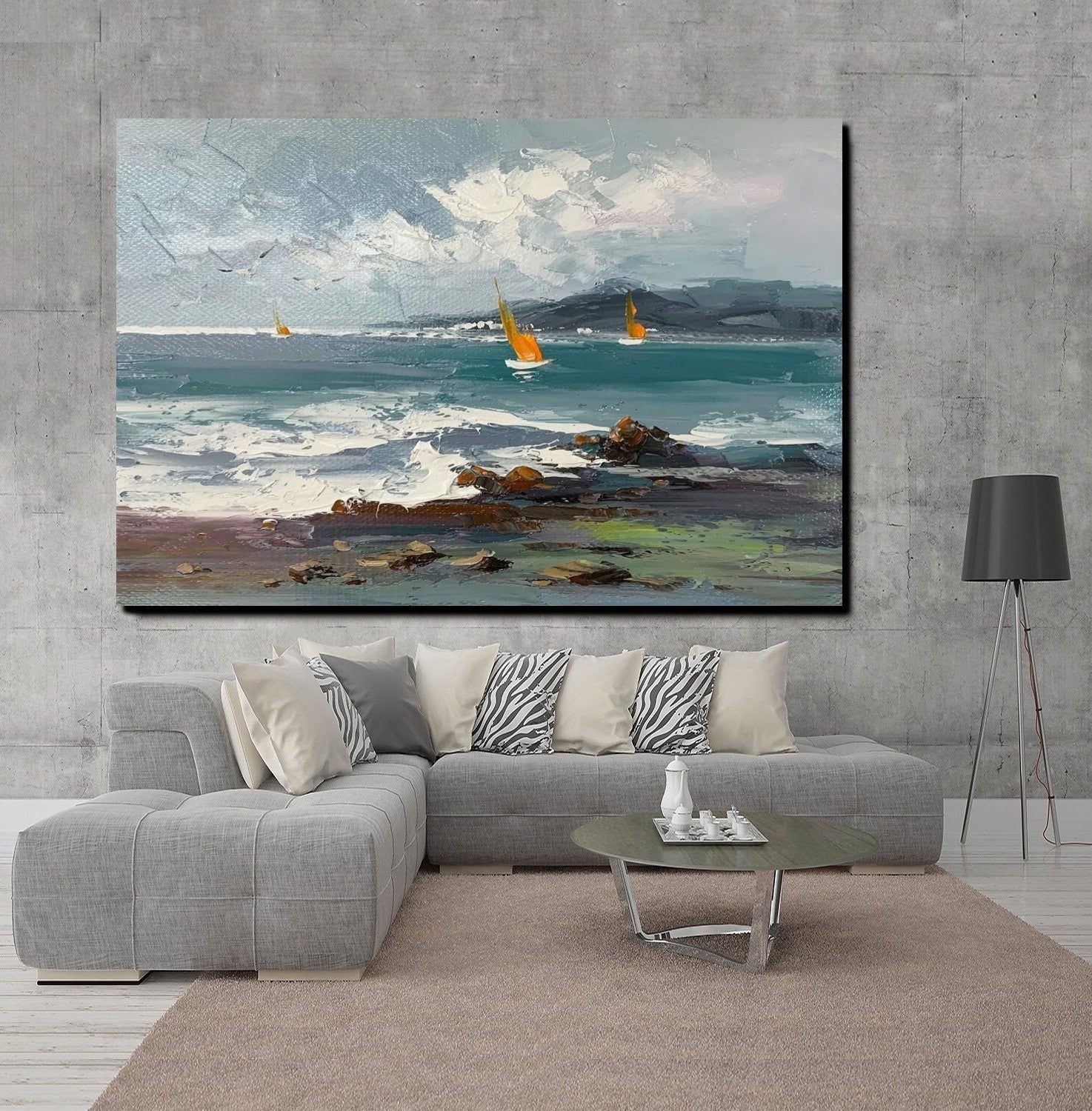 Large Paintings on Canvas, Canvas Paintings Behind Sofa, Landscape Painting for Living Room, Sail Boat at Sea Paintings, Heavy Texture Paintings