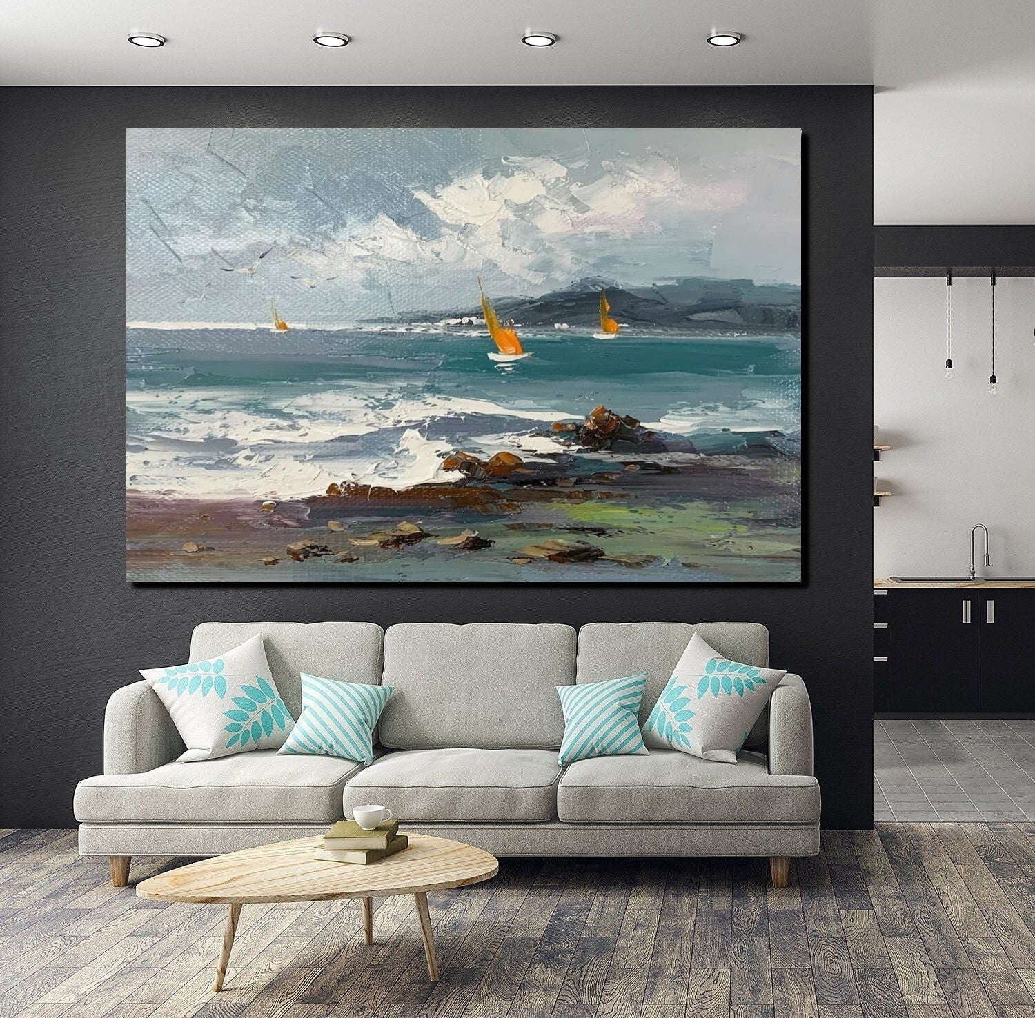 Large Paintings on Canvas, Canvas Paintings Behind Sofa, Landscape Painting for Living Room, Sail Boat at Sea Paintings, Heavy Texture Paintings